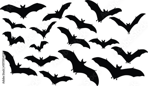 bat silhouettes, flying bats collection, halloween animals, night creatures, wings spread, spooky wildlife, black silhouettes, gothic, horror theme, isolated set