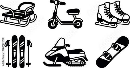 Black and white winter sports equipment icons sled scooter skis snowmobile snowboard ice skates