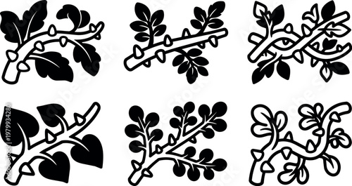 Black and white thorny branches with leaves vector art icons