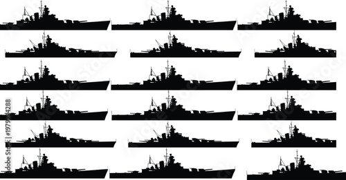 Battleship silhouettes collection, naval warships set, military navy fleet, sea defense vessels, maritime combat ships, ocean transport, vector illustration