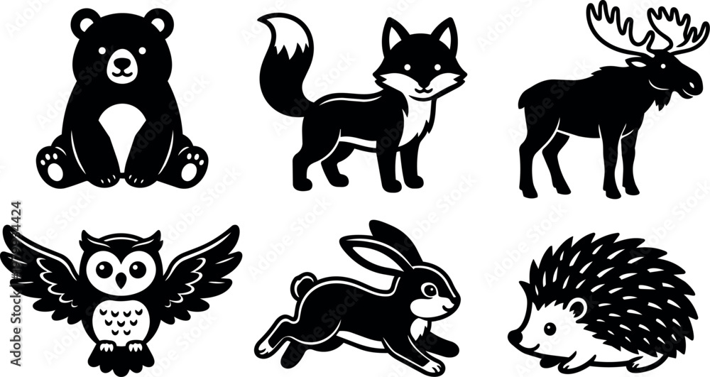Obraz premium Black and white woodland animal icons including bear fox moose owl rabbit and hedgehog