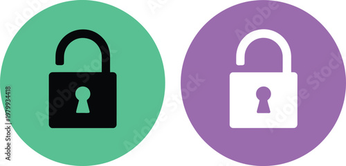 Two circular icons displaying unlocked padlocks in black and white colors for modern interface security systems
