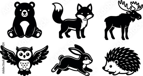 Black and white woodland animal icons including bear fox moose owl rabbit and hedgehog