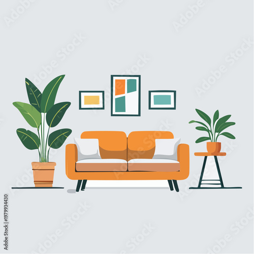 Stylish modern living room interior design featuring a comfortable orange sofa, potted plants, and contemporary wall art
