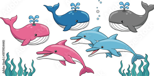 Cute cartoon whales and dolphins swimming underwater with seaweed colorful marine animals vector illustration for kids ocean life design