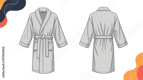 Technical flat sketch of comfortable grey cotton bathrobe with shawl collar and belt waist tie shown in front and back views for fashion design.