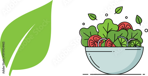 Healthy salad bowl and green leaf icon fresh organic food concept vector illustration design element