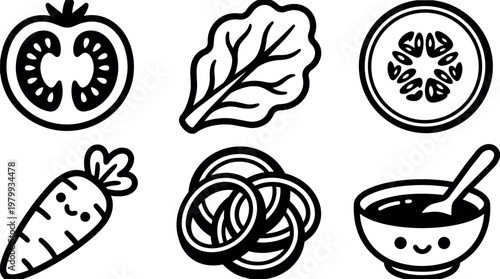 Black and white cute vegetable icons with carrot tomato lettuce rings and bowl