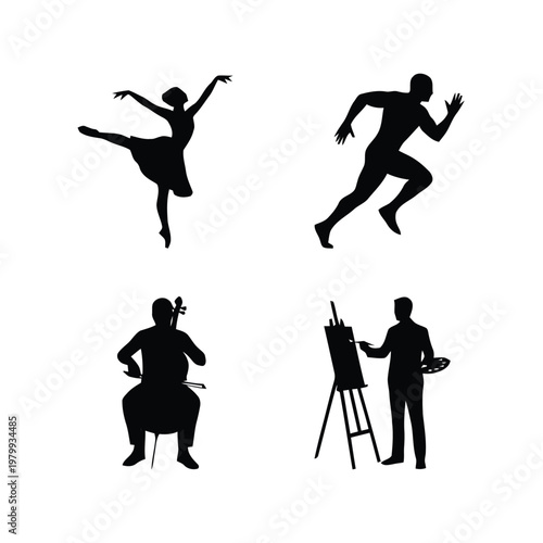 Black silhouettes illustrating diverse human talents and activities: ballet, running, cello playing, and painting.