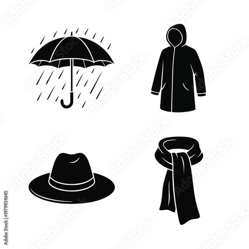 Set of weather and fashion accessories icons including umbrella, raincoat, hat, and scarf, perfect for autumn and winter themes.
