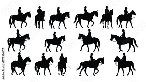 A collection of black silhouettes depicts riders on horseback in various poses and arrangements showcasing equestrian activity high quality professional detailed