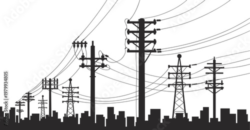 Electric power lines and utility poles silhouette over urban city skyline, energy infrastructure concept showing transmission network and electricity distribution isolated on white background