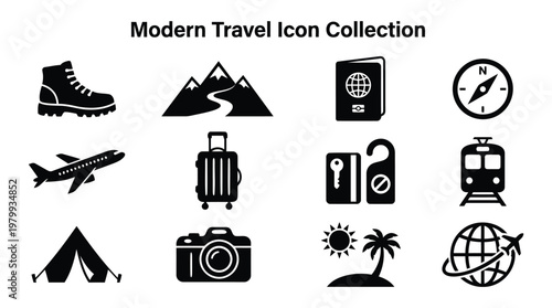 Modern travel icon collection with passport globe mountain and accommodation symbols set.