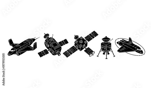 Futuristic spacecraft and satellite silhouettes collection for space exploration and technology designs isolated vector