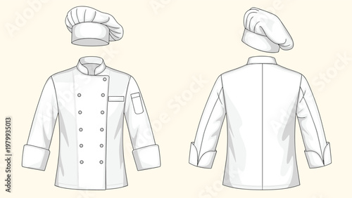 Professional chef uniform set featuring a double-breasted white jacket and pleated toque hat in technical flat sketch for culinary apparel design.