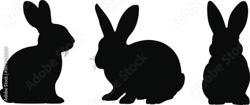 Rabbit silhouettes in different sitting and side poses, cute bunny animal collection isolated on white background for nature, wildlife, and pet design use