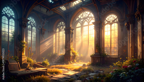 Sunlight streams through grand gothic windows of an abandoned palace. Overgrown plants and wildflowers reclaim the ethereal interior, creating a peaceful, dreamlike atmosphere of forgotten beauty.