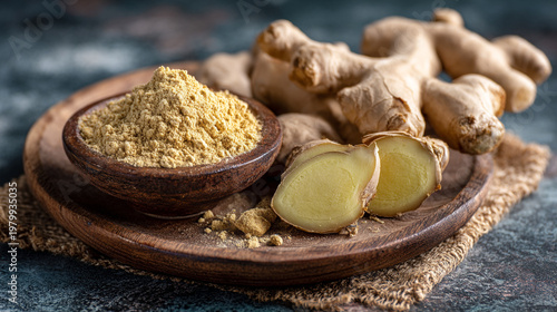 Ginger root and ginger powder on wooden plate healthy spice
