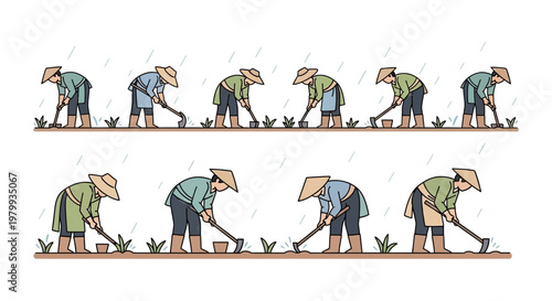 Illustrated with a flat design, farmers are planting crops during the Grain Rain solar term in China, showcasing traditional spring agriculture with light rain falling against a clean white