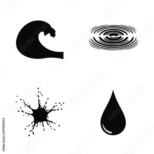 Set of black silhouette water icons: wave, ripples, splash, and drop on white background.