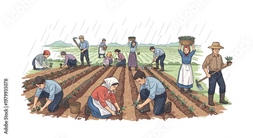During the Grain Rain solar term, farmers are depicted in a vector illustration planting crops in a field, showcasing traditional spring agriculture in China with detailed design