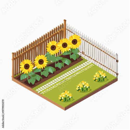 Isometric garden with sunflowers and small yellow flowers enclosed by a wooden fence