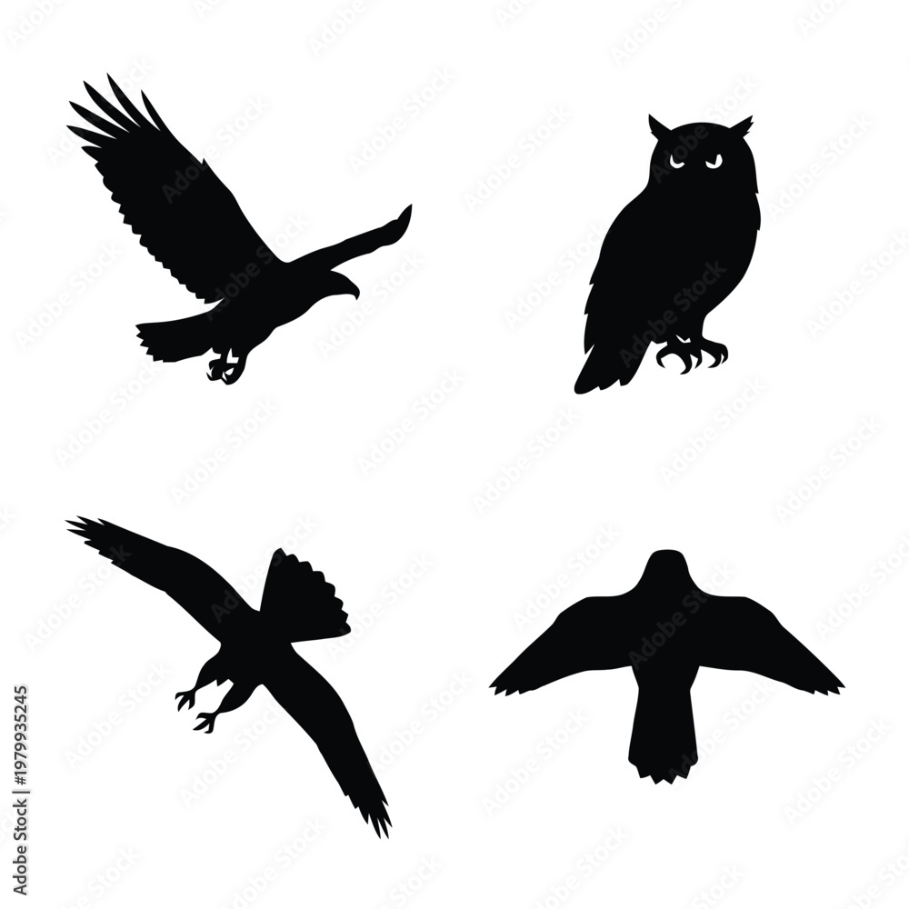 Fototapeta premium Black silhouettes of various birds including an eagle in flight, a perched owl, and other birds of prey, isolated on a white background.