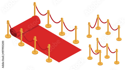 Luxurious red carpet entrance with gold stanchions and red velvet ropes in isometric view for VIP events, awards ceremonies, and red carpet premieres.