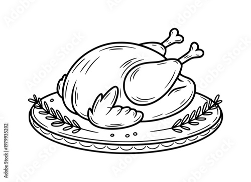 Hand-drawn outline of a roasted chicken a decorative platter with sprigs of rosemary