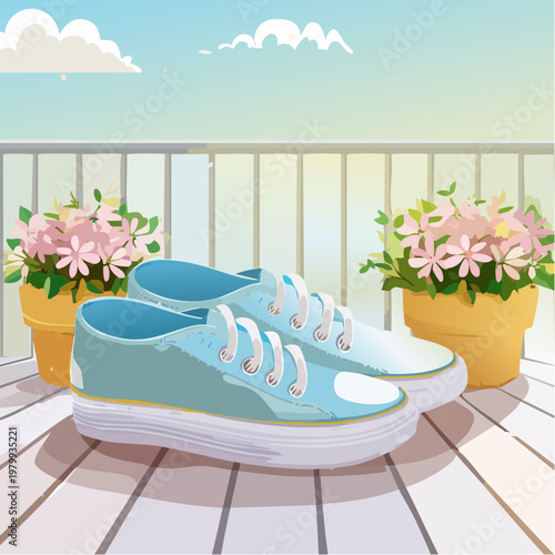 Blue canvas sneakers on a sunny balcony with pink flowers, ideal for tranquil spring and summer