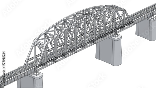 Detailed perspective view of a large steel truss railway bridge structure spanning across a river on solid concrete pillars for infrastructure design.