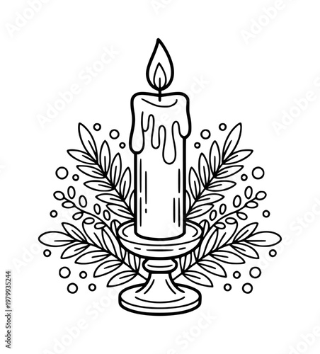 Line candle candlestick with leafy branches and bubbles flame fire light