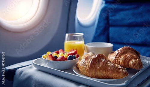 Airplane Breakfast Tray with Croissants and Fruit by the Window.