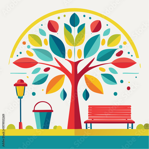 Vibrant park scene with a colorful abstract tree, red bench, and lamppost, celebrating nature's beauty and serenity