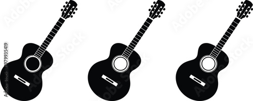 Three Black Silhouette Icons of Acoustic Guitars on a White Background music instrument