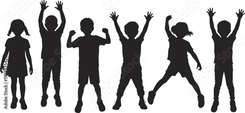 Silhouettes of happy children jumping and playing, energetic kids in motion expressing joy, freedom, and childhood fun isolated on white background for creative design use