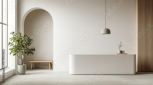 Soft beige and white interior workspace with minimal desk and clean lighting