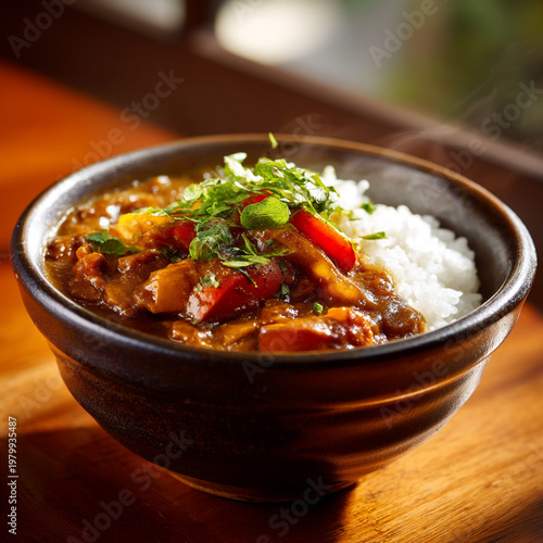 Delicious bowl of curry with rice and fresh herbs on top