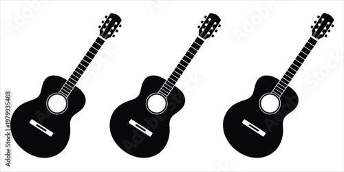Three Black Silhouette Icons of Acoustic Guitars on a White Background music instrument