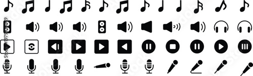 Grid of music and audio icons including notes speakers headphones and microphones symbols