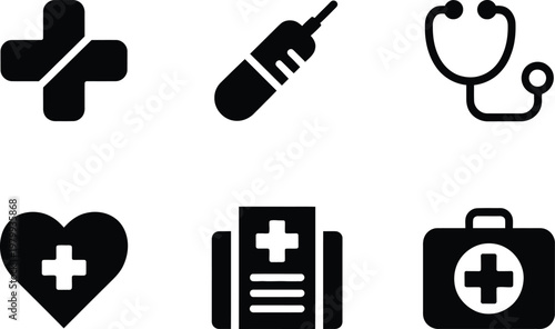 Essential medical and healthcare equipment icons representing clinical practice hospital services and emergency wellness support tools