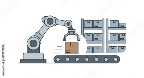 Industrial robotic arm moving cardboard box.