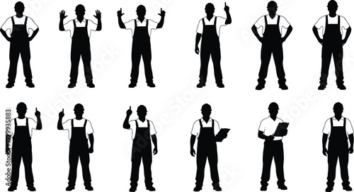 Construction worker silhouettes gestures collection, pointing, explaining, hands up poses, industrial labor communication, engineer inspection roles, black vector illustration set