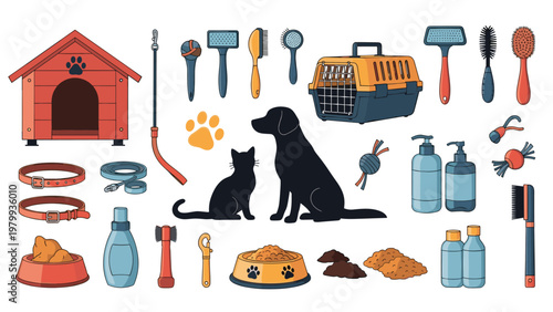 Comprehensive set of pet care items including food, bowls, grooming tools, collars, toys, and silhouettes of a dog and cat.