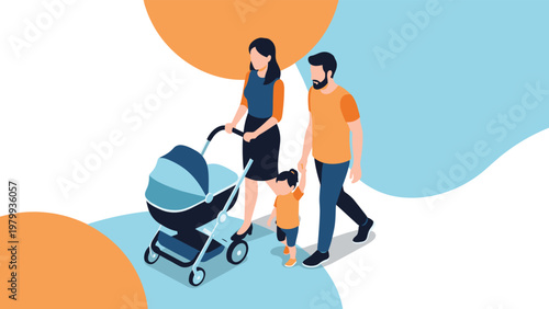 Isometric illustration of a young family with a father, mother, and small daughter walking together with a baby stroller.