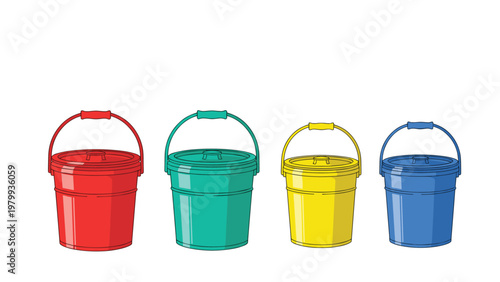 Set of four colorful large plastic buckets with lids and handles in bright red teal yellow and blue colors isolated on white background.