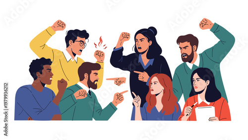 Diverse group of people shouting and pointing fingers at each other in a heated conflict disagreement or argument situation.