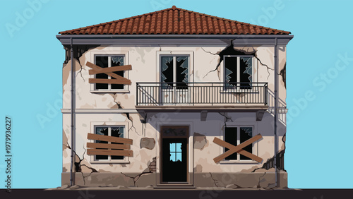 Old abandoned two story house with cracked walls broken glass and boarded up windows on a plain blue background.