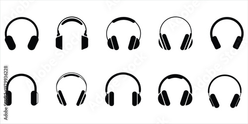 Ten Black Silhouette Headphones Icons in Two Rows on White untitled illustration