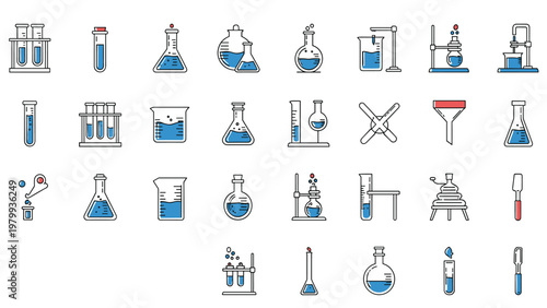Large collection of laboratory glassware icons including test tubes beakers flasks and funnels for scientific research.